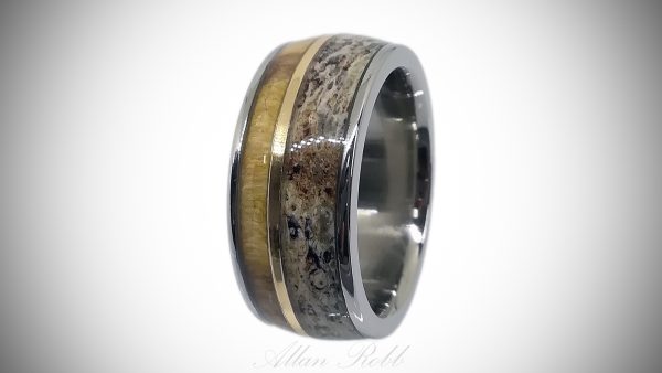 Titanium Ring with Light wood, Antler and Yellow gold inlay