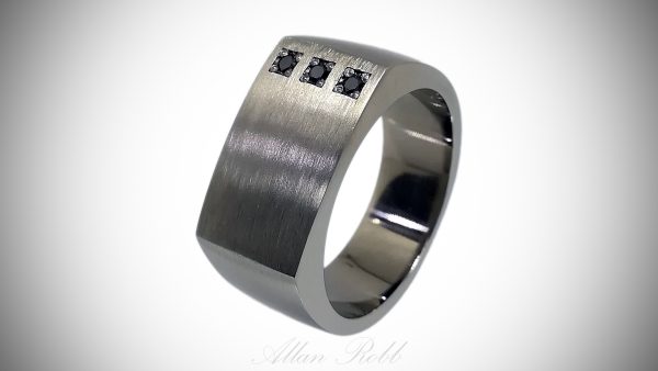 Flat top Titanium Signet Ring with Black Diamonds