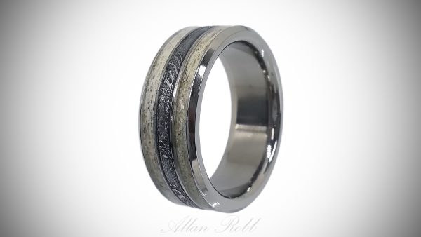 Titanium ring with Meteorite and Deer Antler Inlay