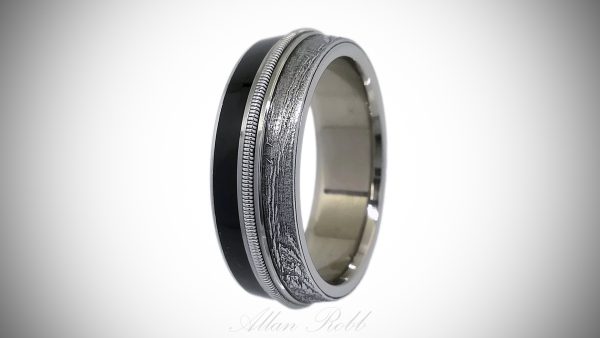 Titanium ring with Black resin, guitar string & Meteorite