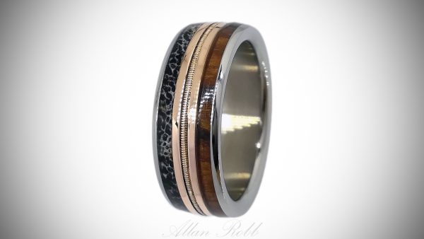 Titanium ring with 9ct Rose gold, Guitar string , wood and Deer Antler