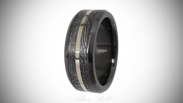 Gibeon Meteorite with 925 Silver Inlay into black Zirconium