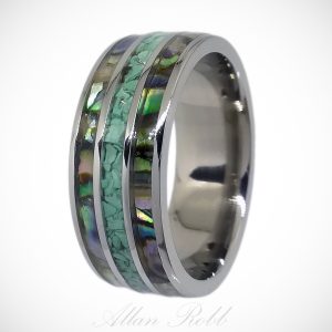 Crushed Turquoise with Double Abalone inlay Titanium ring