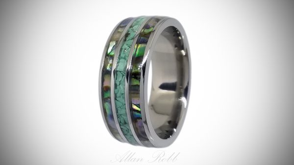 Crushed Turquoise with Double Abalone inlay Titanium ring